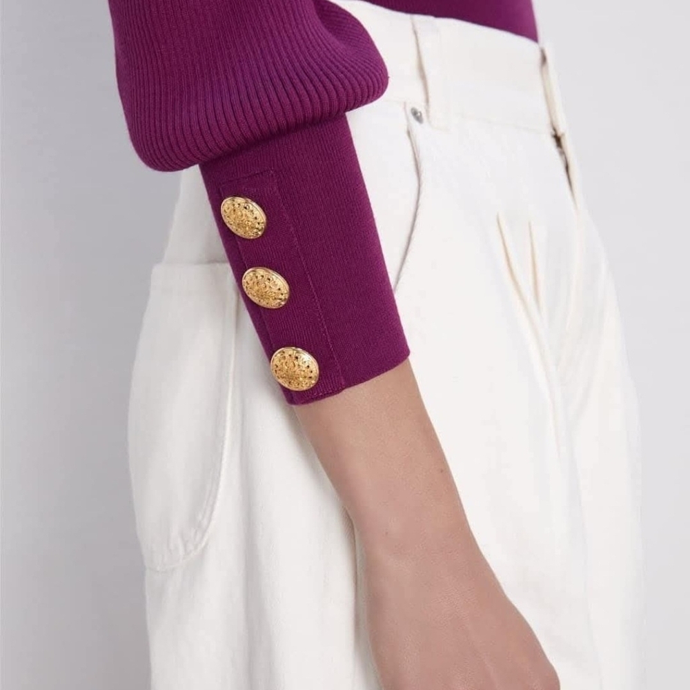 Zara Purple Puff-Sleeve Ribbed Knit Sweater Size S Minimalist Feminine Retro 80s - Picture 2 of 11